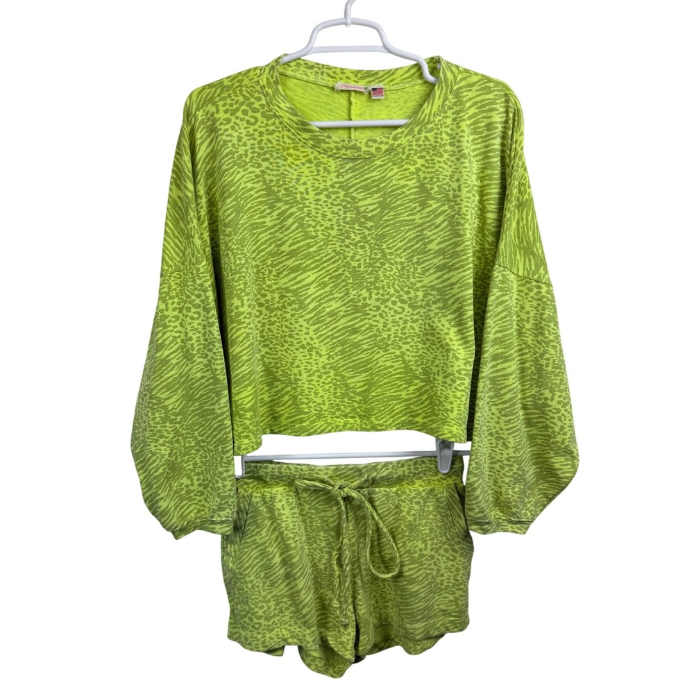 Maronie Lime Green Animal Print 2 Piece Lounge‎ Set Crop Top Shorts Small